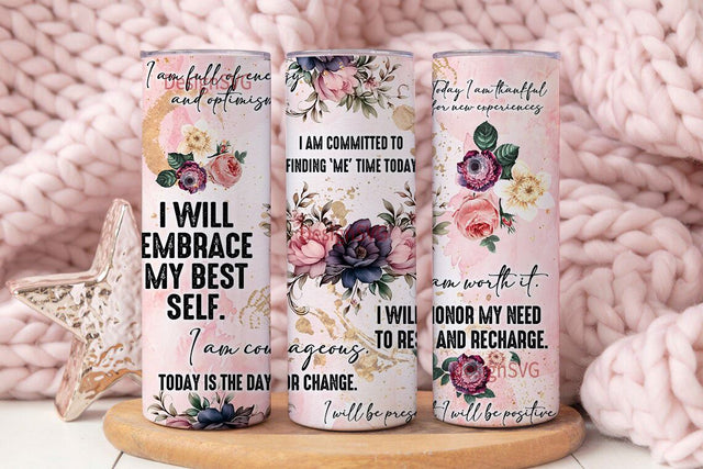 Positive Affirmations Tumbler Wrap PNG - Floral Sublimation - 20oz Skinny Seamless Tumbler Wrap PNG - Tumbler Template Sublimation DesignSVG 