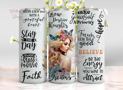 Positive Affirmations Tumbler Wrap Seamless 20oz skinny tumbler PNG Motivational Tumbler PNG Sublimation WillowSageDesign 