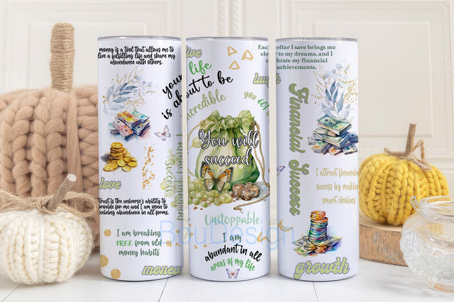 Positive Money Affirmations 20 oz Skinny Tumbler Sublimation Design Digital Download PNG, Inspirational Scrapbook Tumbler Sublimation BouDesign 