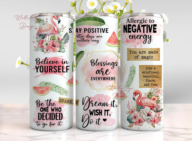 Positive Pink Gold Flamingo 20oz Skinny Tumbler Wrap, Sublimation Design,Digital Download PNG, Floral Summer Tumbler Wrap PNG Sublimation WillowSageDesign 