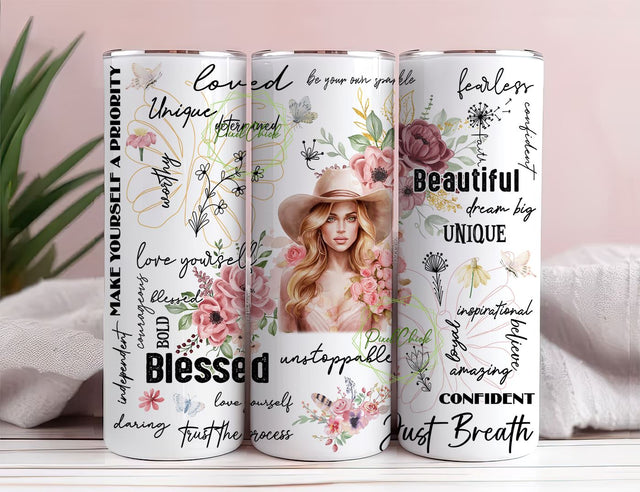 Positive Quotes Blonde Hair Western Style Blessed Blue Eyes 20oz Skinny Tumbler Sublimation Design Straight Tapered Design PNG Tumbler Sublimation PixelChick 