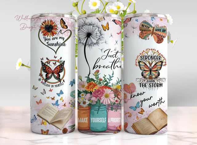 Positive Retro Just Breathe Positive 20oz Tumbler, Skinny Wrap Boho Butterflies Inspiration Motivation PNG Sublimation Sublimation WillowSageDesign 