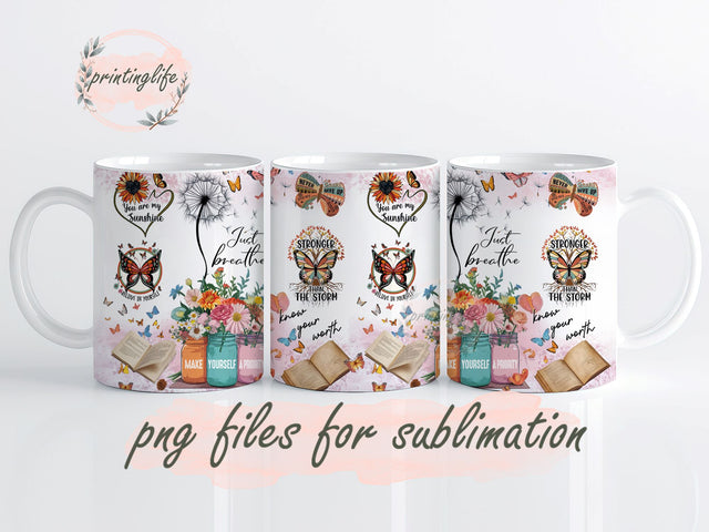 Positive Retro Just Breathe Positive Mug Wrap Design, Instant Digital Design Download Mug Wrap Design, Mug Design PNG Sublimation PrintingLife 