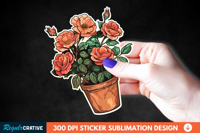 Pot In Rose Flowers Sticker Clipart Sublimation Regulrcrative 