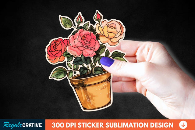 Pot In Rose Flowers Sticker Clipart Sublimation Regulrcrative 