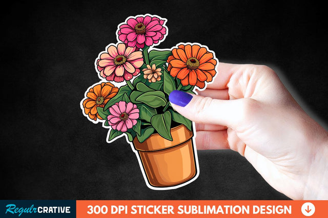 Pot In Zinnia Flowers Sticker Clipart Sublimation Regulrcrative 