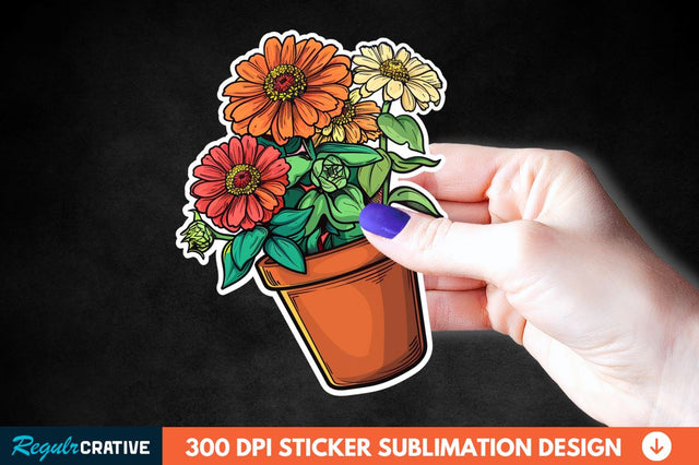 Pot In Zinnia Flowers Sticker Clipart Sublimation Regulrcrative 