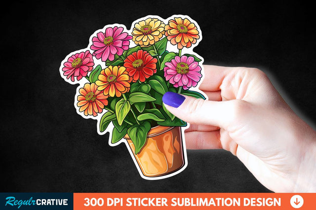 Pot In Zinnia Flowers Sticker Clipart Sublimation Regulrcrative 