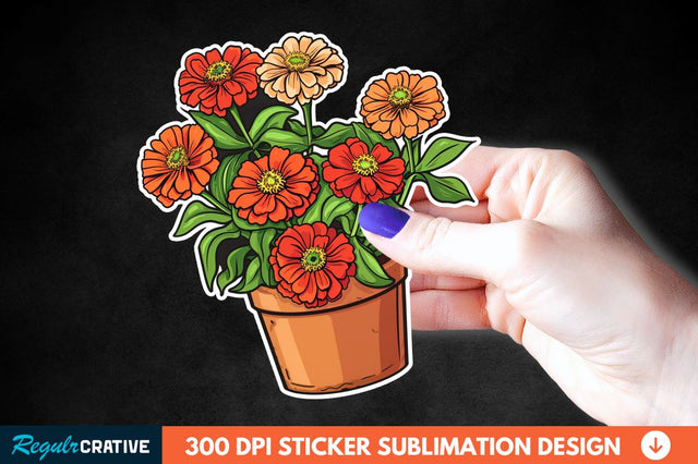 Pot In Zinnia Flowers Sticker Clipart Sublimation Regulrcrative 