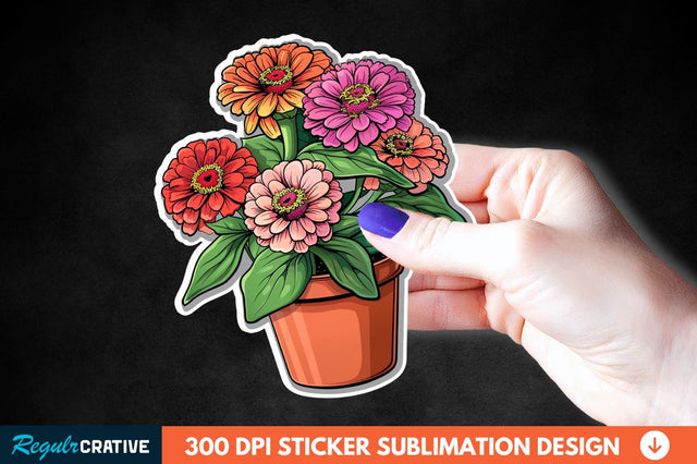 Pot In Zinnia Flowers Sticker Clipart Sublimation Regulrcrative 