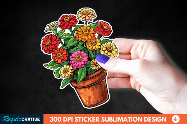 Pot In Zinnia Flowers Sticker Clipart Sublimation Regulrcrative 