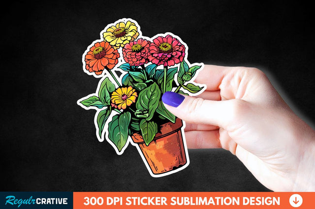 Pot In Zinnia Flowers Sticker Clipart Sublimation Regulrcrative 