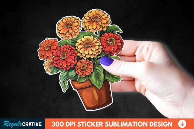 Pot In Zinnia Flowers Sticker Clipart Sublimation Regulrcrative 