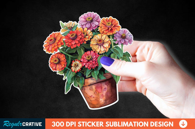 Pot In Zinnia Flowers Sticker Clipart Sublimation Regulrcrative 