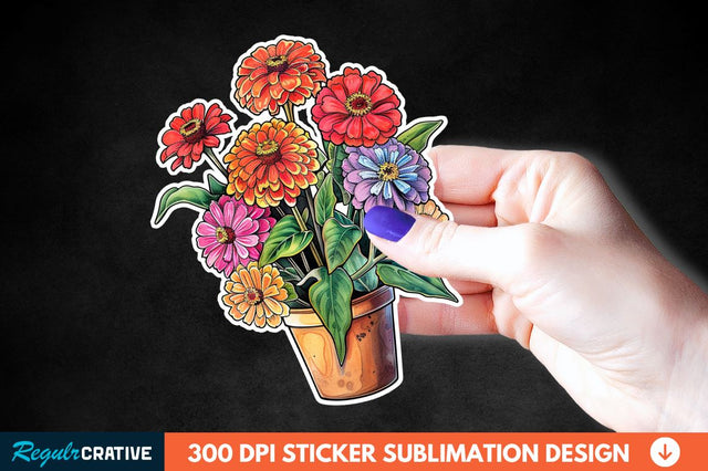 Pot In Zinnia Flowers Sticker Clipart Sublimation Regulrcrative 