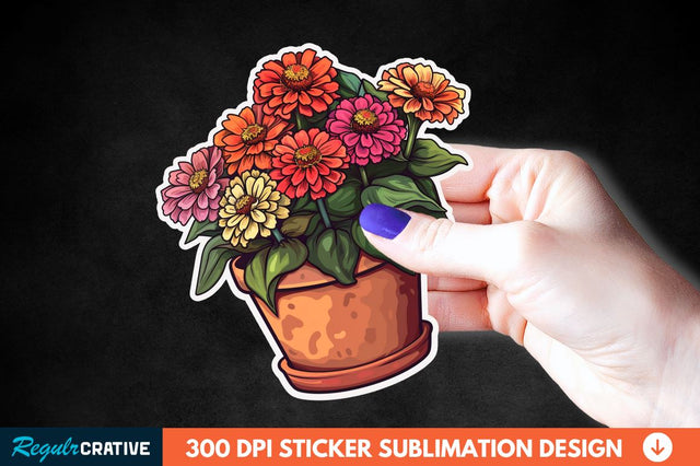 Pot In Zinnia Flowers Sticker Clipart Sublimation Regulrcrative 