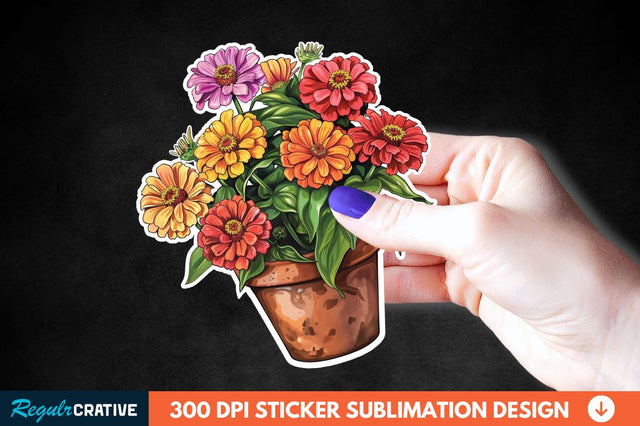 Pot In Zinnia Flowers Sticker Clipart Sublimation Regulrcrative 