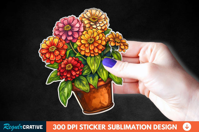 Pot In Zinnia Flowers Sticker Clipart Sublimation Regulrcrative 