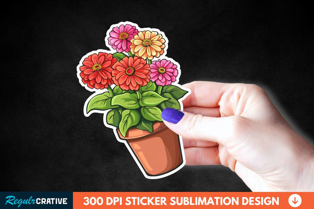 Pot In Zinnia Flowers Sticker Clipart Sublimation Regulrcrative 