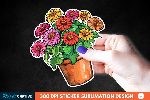 Pot In Zinnia Flowers Sticker Clipart Sublimation Regulrcrative 
