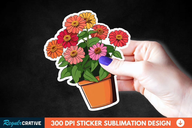 Pot In Zinnia Flowers Sticker Clipart Sublimation Regulrcrative 