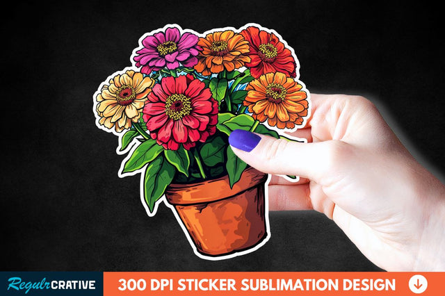 Pot In Zinnia Flowers Sticker Clipart Sublimation Regulrcrative 