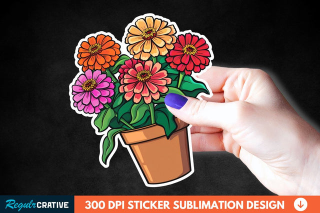 Pot In Zinnia Flowers Sticker Clipart Sublimation Regulrcrative 