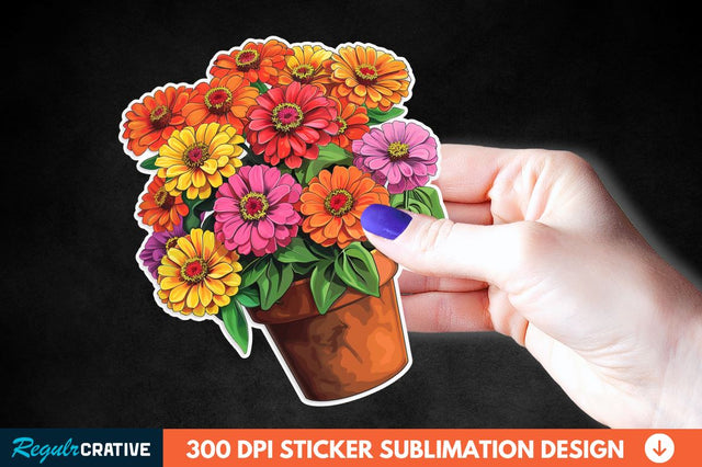 Pot In Zinnia Flowers Sticker Clipart Sublimation Regulrcrative 