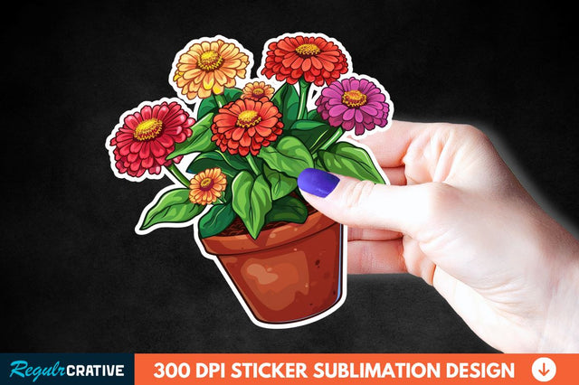 Pot In Zinnia Flowers Sticker Clipart Sublimation Regulrcrative 