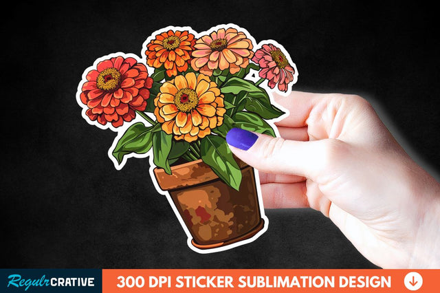 Pot In Zinnia Flowers Sticker Clipart Sublimation Regulrcrative 