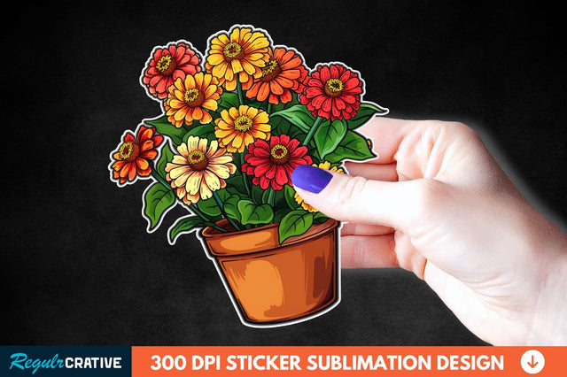 Pot In Zinnia Flowers Sticker Clipart Sublimation Regulrcrative 