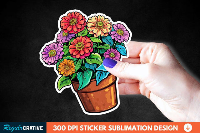 Pot In Zinnia Flowers Sticker Clipart Sublimation Regulrcrative 