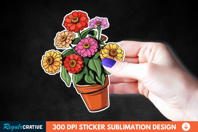 Pot In Zinnia Flowers Sticker Clipart Sublimation Regulrcrative 