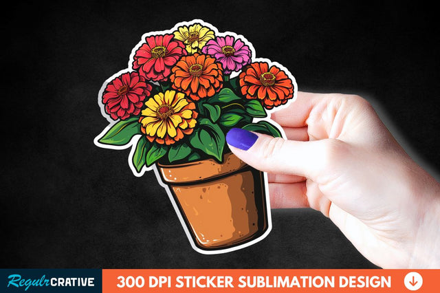 Pot In Zinnia Flowers Sticker Clipart Sublimation Regulrcrative 