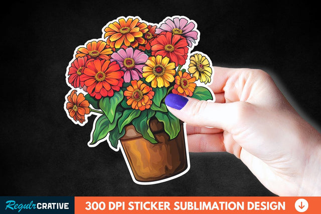 Pot In Zinnia Flowers Sticker Clipart Sublimation Regulrcrative 
