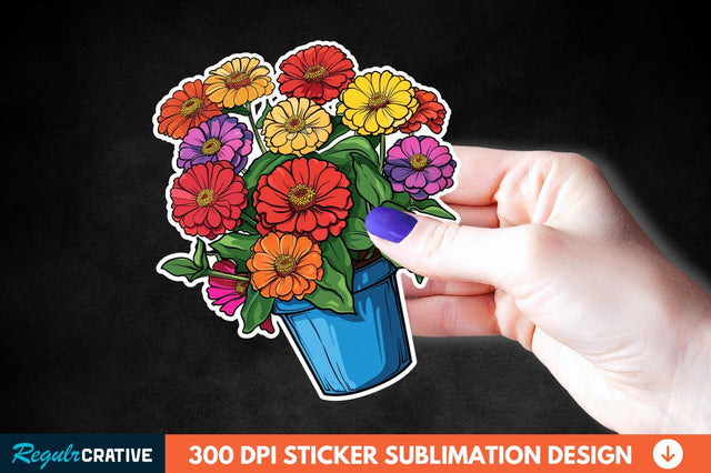 Pot In Zinnia Flowers Sticker Clipart Sublimation Regulrcrative 