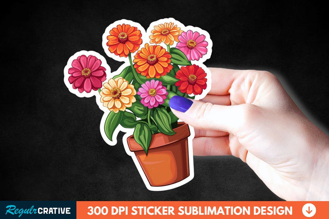 Pot In Zinnia Flowers Sticker Clipart Sublimation Regulrcrative 