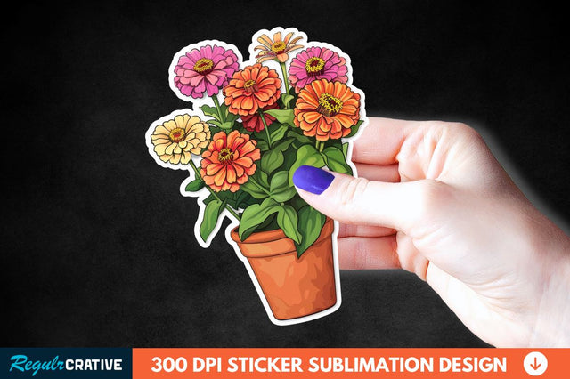 Pot In Zinnia Flowers Sticker Clipart Sublimation Regulrcrative 