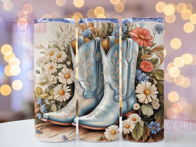 Powder Blue Cowgirl Boots Floral 20oz Tumbler, Powder Blue, Cowgirl Boots, Floral Design, Sublimation Wrap, 20oz Tumbler, Western Aesthetic, Rustic Charm Sublimation SvggirlplusArt 