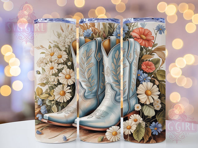 Powder Blue Cowgirl Boots Floral 20oz Tumbler, Powder Blue, Cowgirl Boots, Floral Design, Sublimation Wrap, 20oz Tumbler, Western Aesthetic, Rustic Charm Sublimation SvggirlplusArt 
