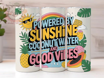 Powered By Sunshine 20oz Tumbler, Powered By Sunshine Quote, Coconut Water Illustration, Good Vibes Lifestyle, Vibrant Retro Style, Sublimation Tumbler Wrap, 20oz Tumbler Sublimation Lara' s Designs 