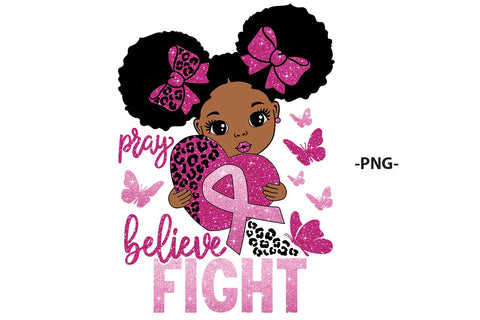 Pray Believe Fight SVG Black Girl Breast Cancer Awareness PNG JPG PDF AI EPS DXF | Afro Puff Pink Ribbon Leopard Heart Clipart SVG 1uniqueminute 