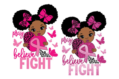 Pray Believe Fight SVG Black Girl Breast Cancer Awareness PNG JPG PDF AI EPS DXF | Afro Puff Pink Ribbon Leopard Heart Clipart SVG 1uniqueminute 