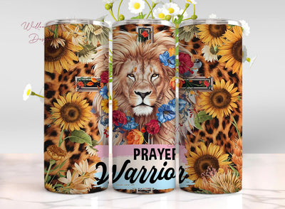 Prayer Warrior 20oz Religious Skinny Tumbler Wrap, Christian Lion Sunflower Cross Sublimation PNG, Sublimation Designs Sublimation WillowSageDesign 