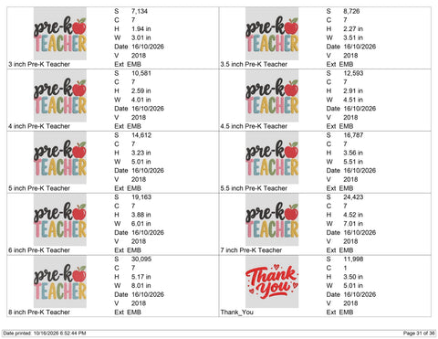 Pre K Teacher Embroidery Design – Colorful Apple Preschool Teacher Back to School Machine Embroidery File Embroidery/Applique DESIGNS PatternFeed8 