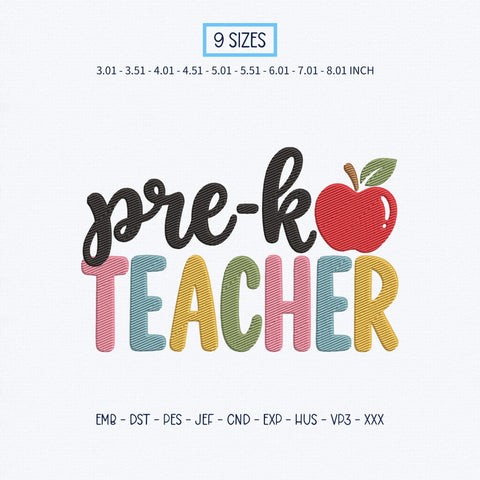 Pre K Teacher Embroidery Design – Colorful Apple Preschool Teacher Back to School Machine Embroidery File Embroidery/Applique DESIGNS PatternFeed8 