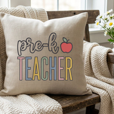 Pre-K Teacher Embroidery Design – Colorful Preschool Teacher Apple Back to School Machine Embroidery File Embroidery/Applique DESIGNS PatternFeed8 