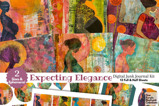 Pregnant Mother Digital Junk Journal Kit Half Page Digital Pattern Fine Purple Elephant Creations 