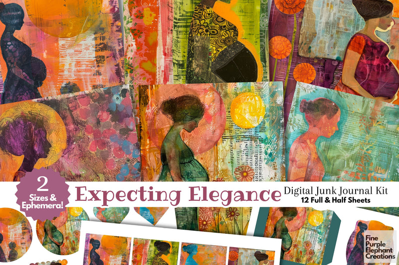 Pregnant Mother Digital Junk Journal Kit Half Page Digital Pattern Fine Purple Elephant Creations 