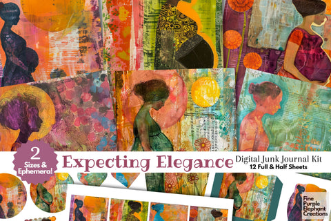 Pregnant Mother Digital Junk Journal Kit Half Page Digital Pattern Fine Purple Elephant Creations 